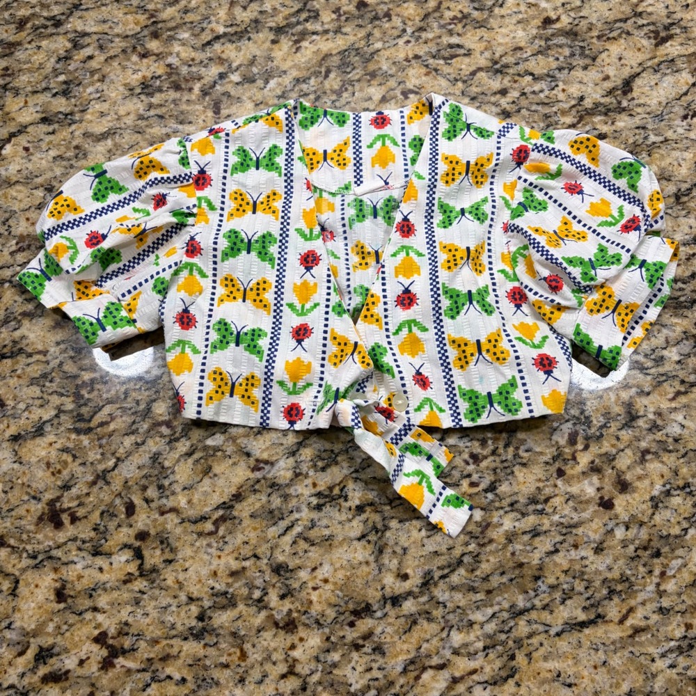 Vintage‎ Kids Seersucker Crop Top Butterfly Ladybug Print Puff Sleeve Front Tie